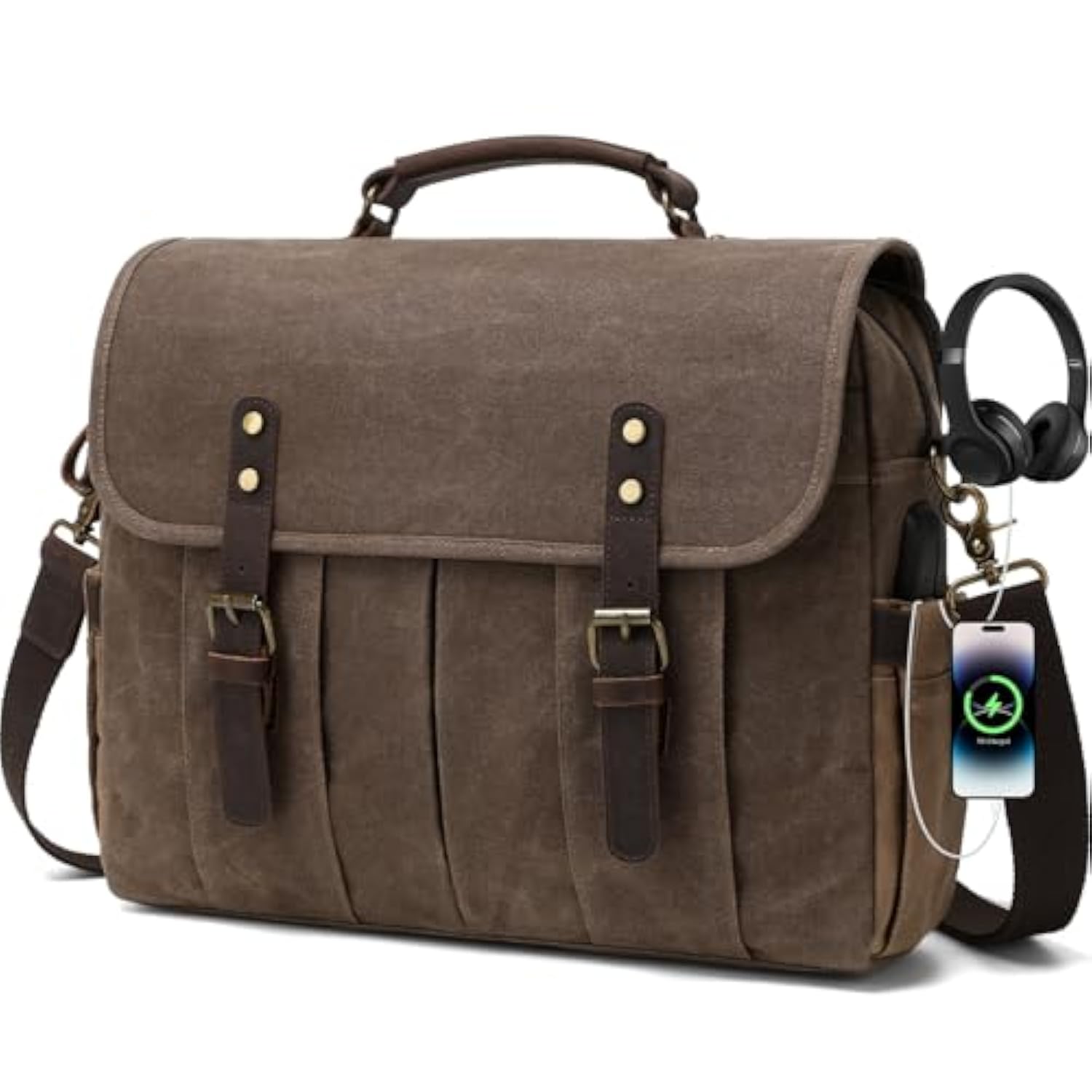Genuine Leather Canvas Satchel Shoulder Briefcase Laptop Bag with USB & Headset Port