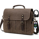Genuine Leather Canvas Satchel Shoulder Briefcase Laptop Bag with USB & Headset Port