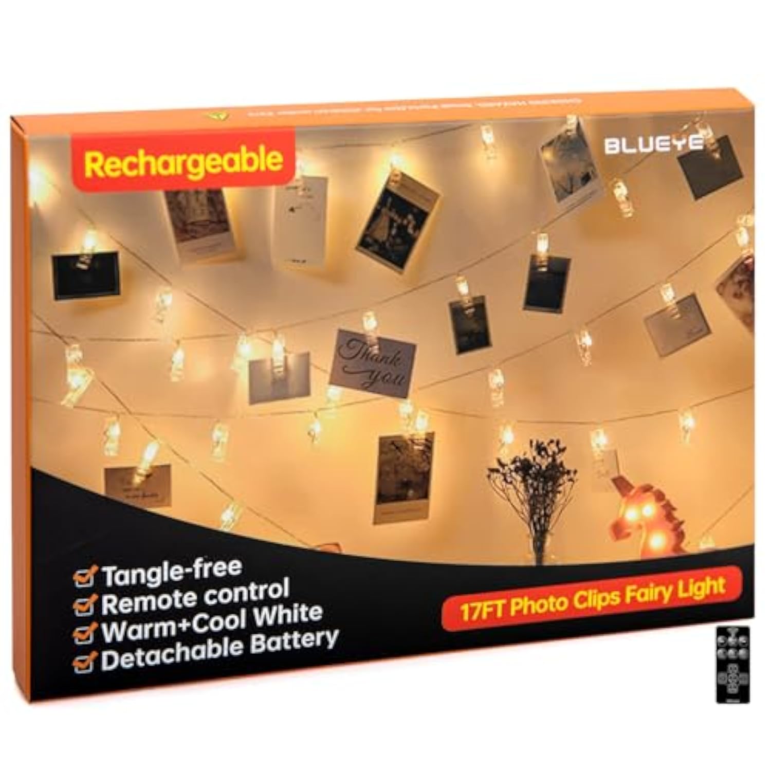 17Ft 100Leds Rechargeable Photo Clips String Light,Remote Control,3 Off Timer,Tangle-Free,Detachable Battery Operated Fa