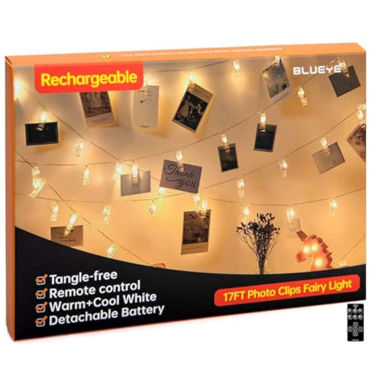17Ft 100Leds Rechargeable Photo Clips String Light,Remote Control,3 Off Timer,Tangle-Free,Detachable Battery Operated Fa