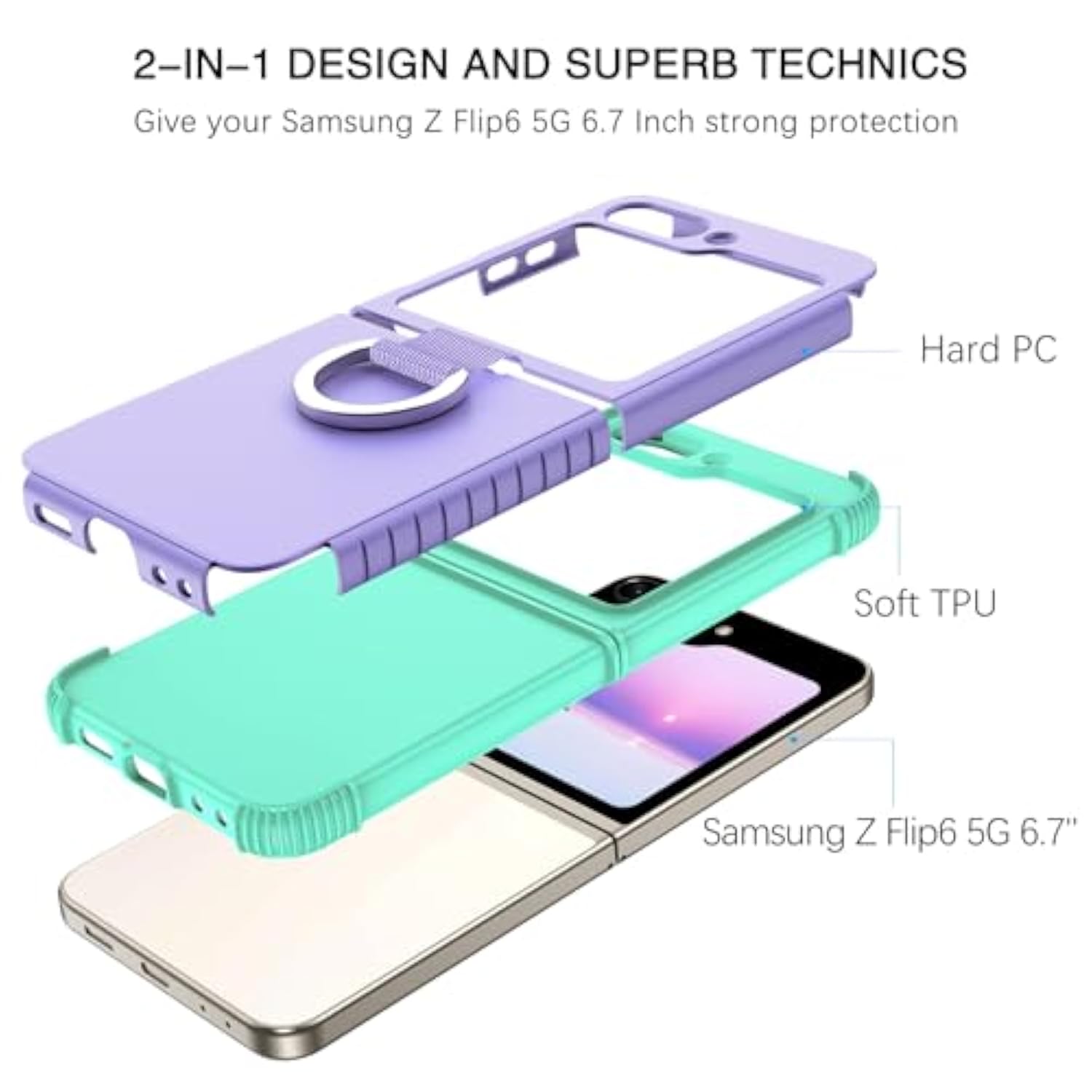 Samsung Galaxy Z Flip 6 Rugged 2-in-1 Shockproof Case with Ring Purple