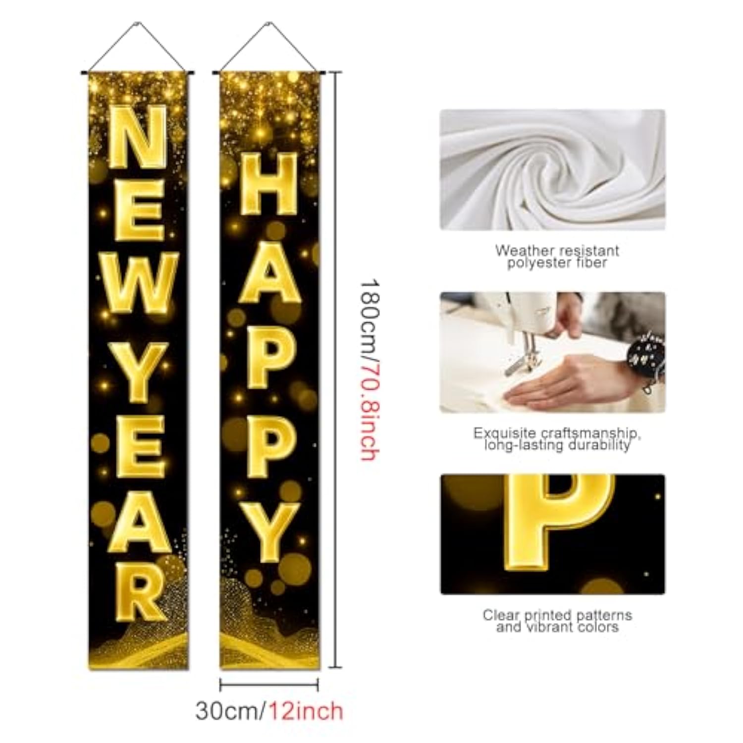 Gold Happy New Year Porch Banner Decorations With Gold Bold Letters Sparkle Glow 71 X 12 Inch Holiday Party Banners Front Door Hanging Banner Entryway New Year Winter For Wall Fireplace Party Holiday Home Kids Decor