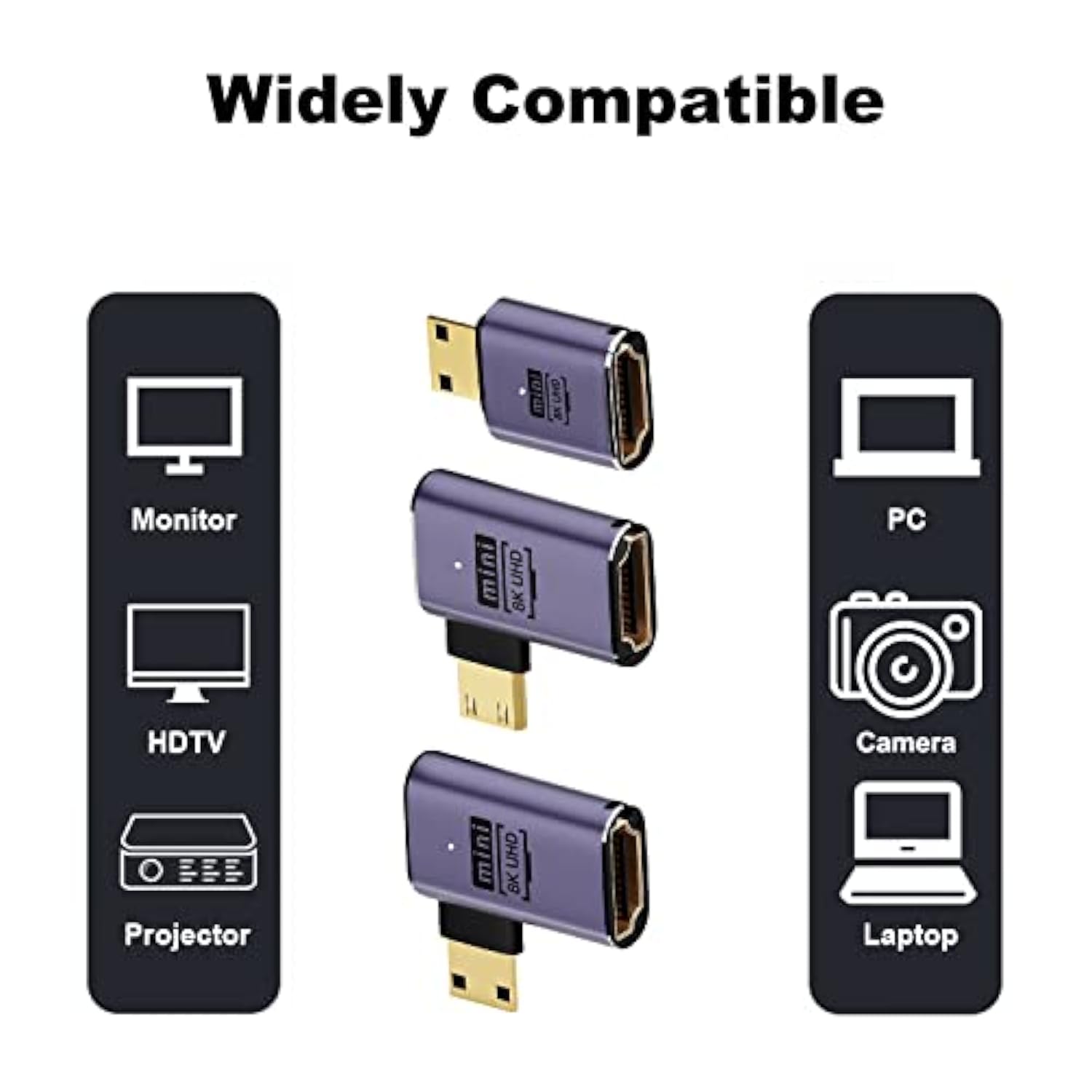 8K Mini Hdmi To Hdmi Adapter (3 Pack), 90 Degree Left And Right Angle Mini Hdm