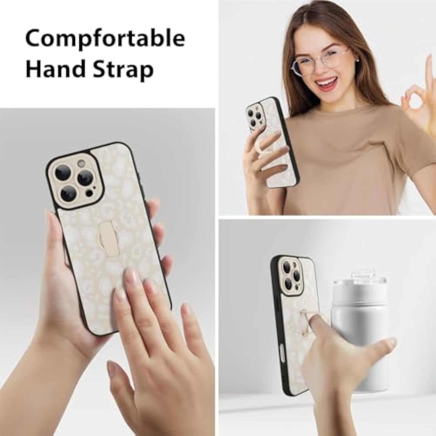 For Iphone 16 Pro Case White Leopard Print Pattern Cute Cheetah Wristband Stand Phone Cover For Women Girls Men Shockproof Slim Protective Cover For Iphone 16 Pro 6.1 Inch