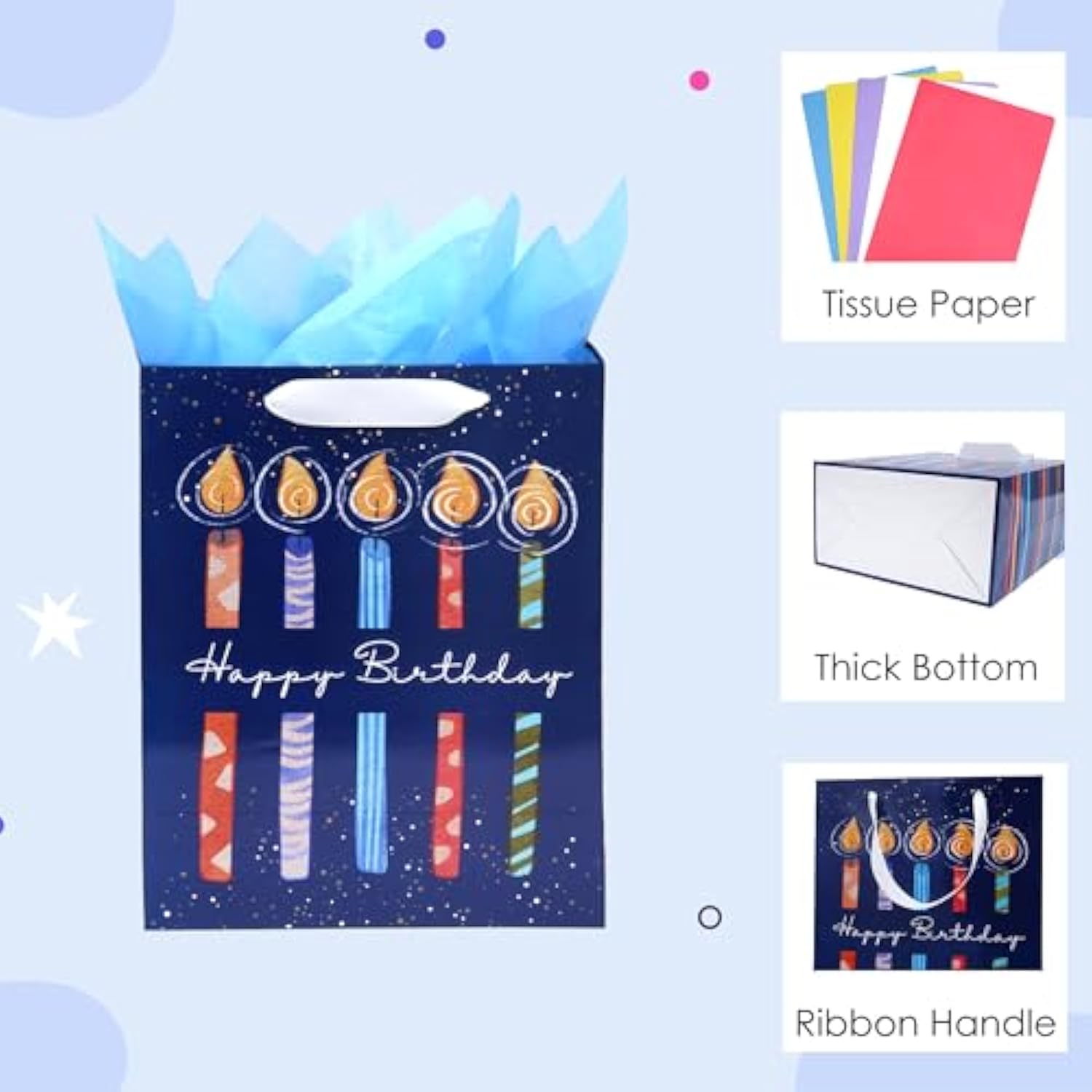 8 Pack Birthday Gift Bags Assorted Sizes (2 Extra Large 15", 3 Large 13",3 Medium 9") With Ribbon Handle And Tissue Paper, Reusable And Perfect For Wrapping Present