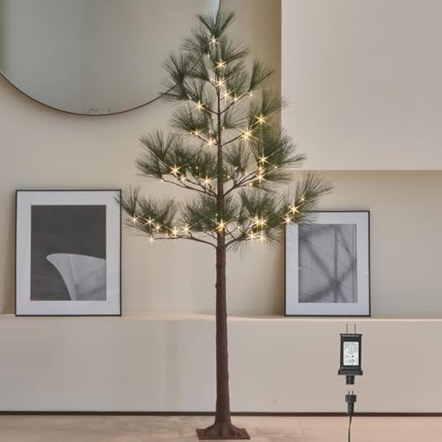 Lighted Christmas Pine Tree With Timer 6Ft 72 Warm White Led Lights, Pre Lit Twig Tree For Home Room Christmas Holiday Decoration Indoor Outdoor