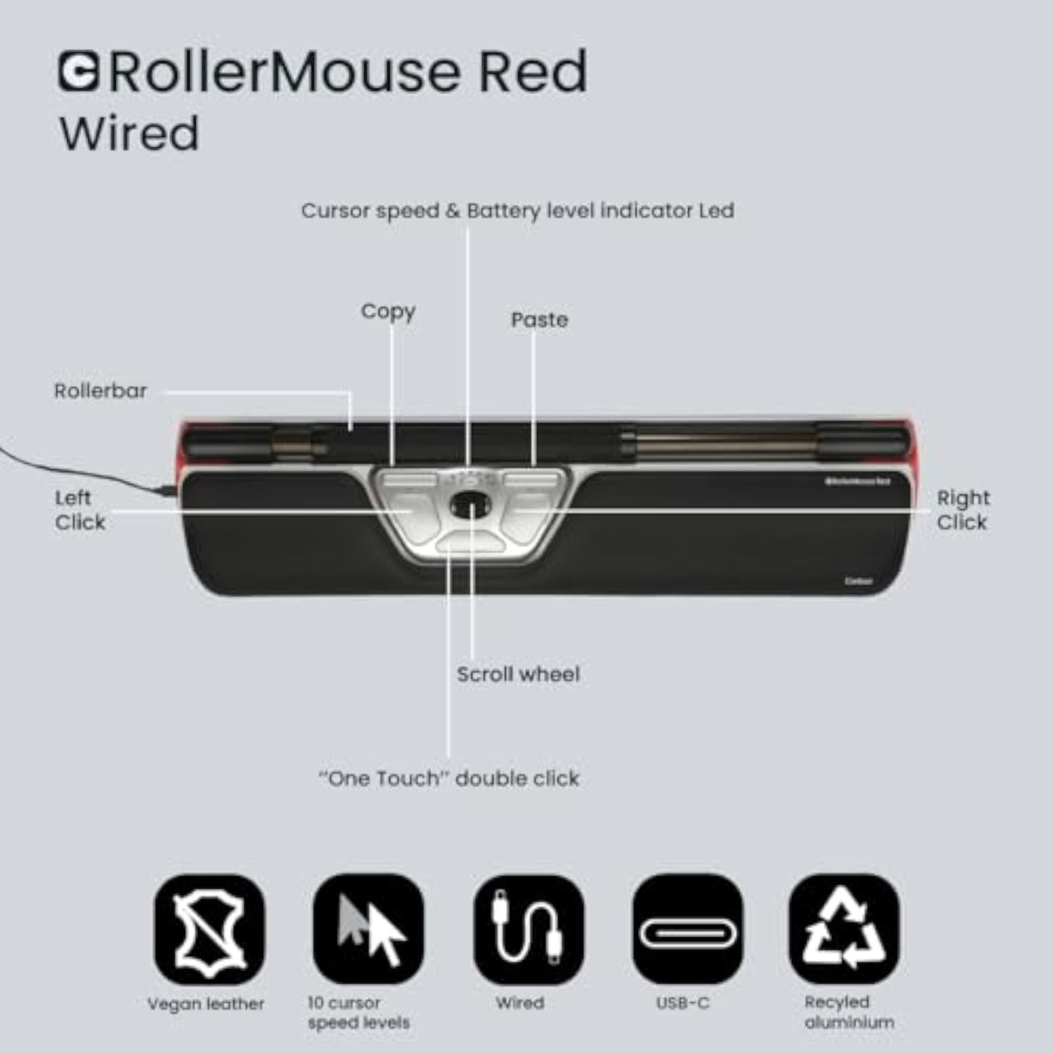 Contour Wired RollerMouse Red - Ergonomic Design Reduces Shoulder, Forearm, Wrist Strain | Ideal for RSI/Carpal Tunnel | 6 Customizable Buttons | 10 Speed Settings | Mac/PC Compatible
