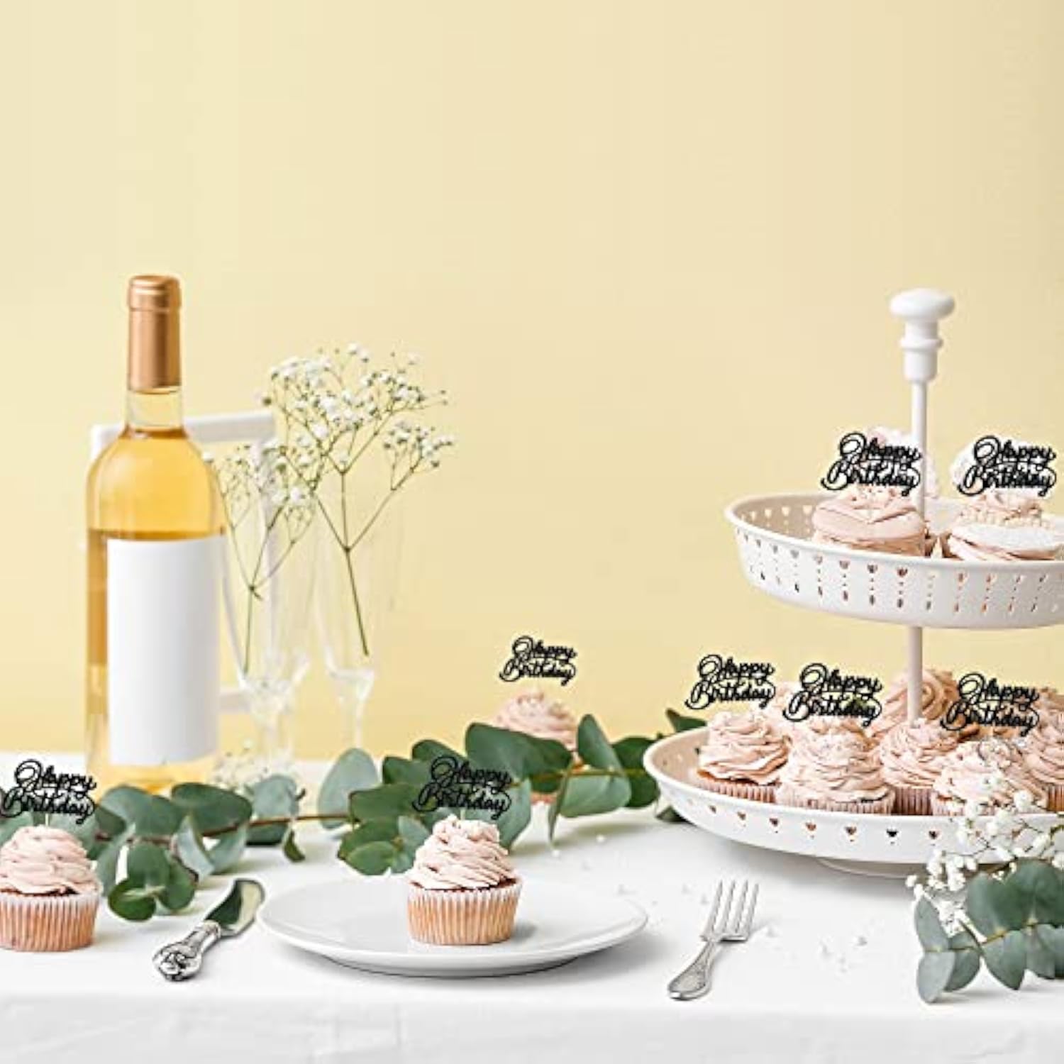 24Pcs Happy Birthday Cupcake Toppers Glitter Birthday Cupcake Food Picks For Celebrating Happy Birthday Party Cake Decorations Supplies Black