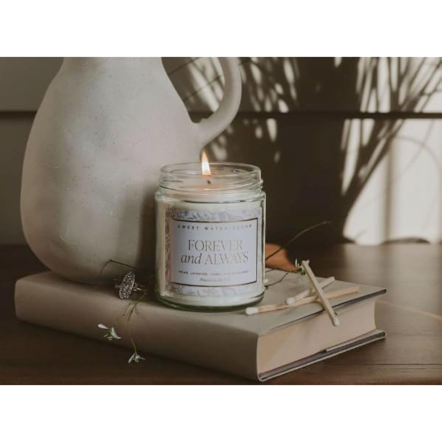 Forever And Always Wedding Candle, Bridal Shower Gift, Scents; Pear, Jasmine, Vanilla, & Bergamot, Romantic Candle, 40 Hours Burn Time, Grey Delft Design 9Oz Clear Jar With Gold Lid