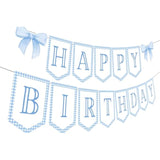 Blue Gingham Coquette Bow Theme Party Banner - Neutral Preppy Grandmillennial Decoration For 1St Birthday
