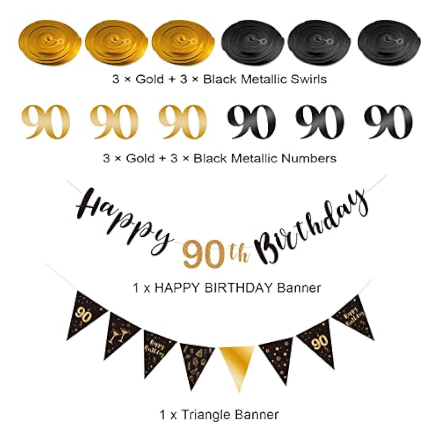 90Th Birthday Decoration Kit Happy 90Th Banner Swirls Streamers Black Gold