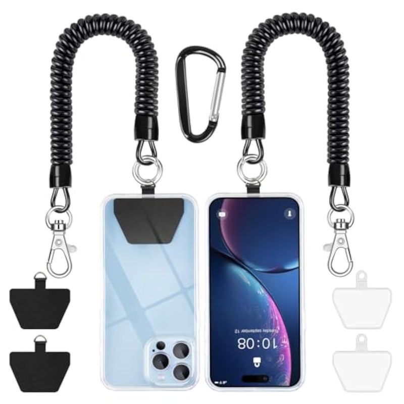 Phone Lanyard Tether, Anti Theft Spring Phone Strap, 4 X Phone Pacthes & Climbing Hook Universal Phone Lanyard For Keys Outdoor Skiing Hiking Fishing Fitting For All Smartphones - 2Pcs Black