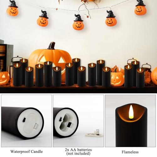 24 Pack Black Halloween Decoration Flickering Flameless Candles(D2.2 xH 5" 6" 7"), Battery Operated LED Pillar Candles with Remote Control and Timer,for Home Decor.