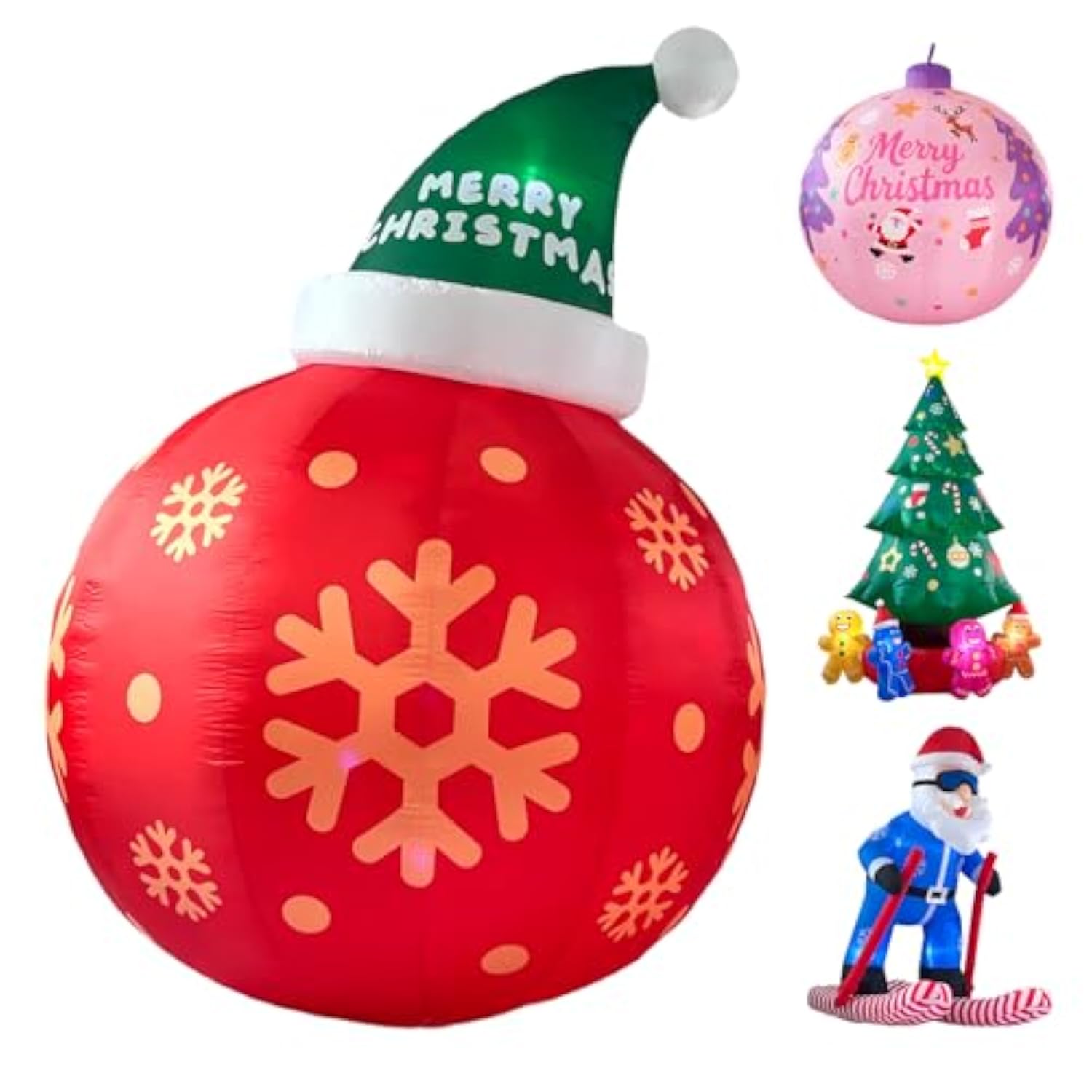 8Ft Red Christmas Ball With Santa Hat Inflatable Outdoor Indoor Decor, Giant Blow Up Ip44 Weatherproof Xmas Decorations