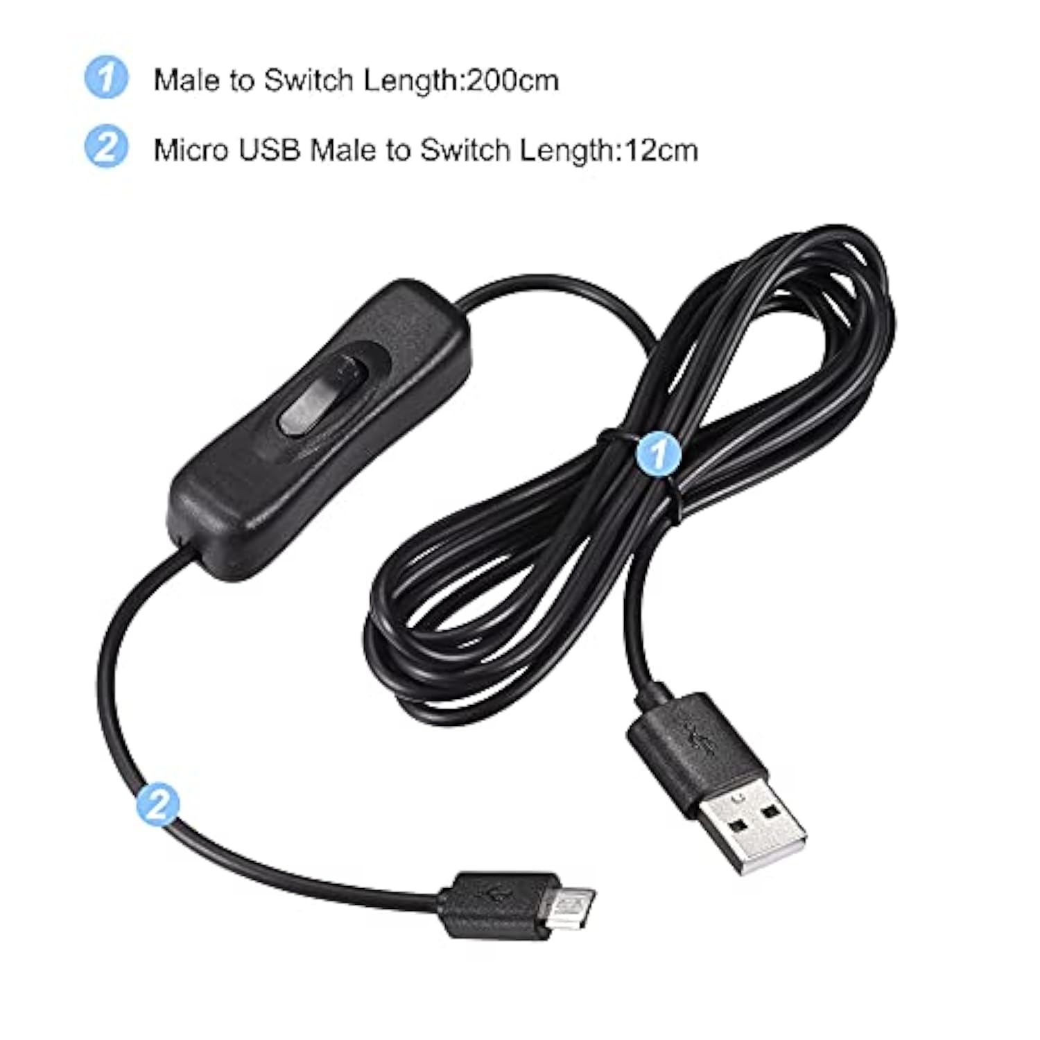 Usb Cable With On/Off Switch, Usb Male To Micro Usb Male Extension Cord 2M Bla