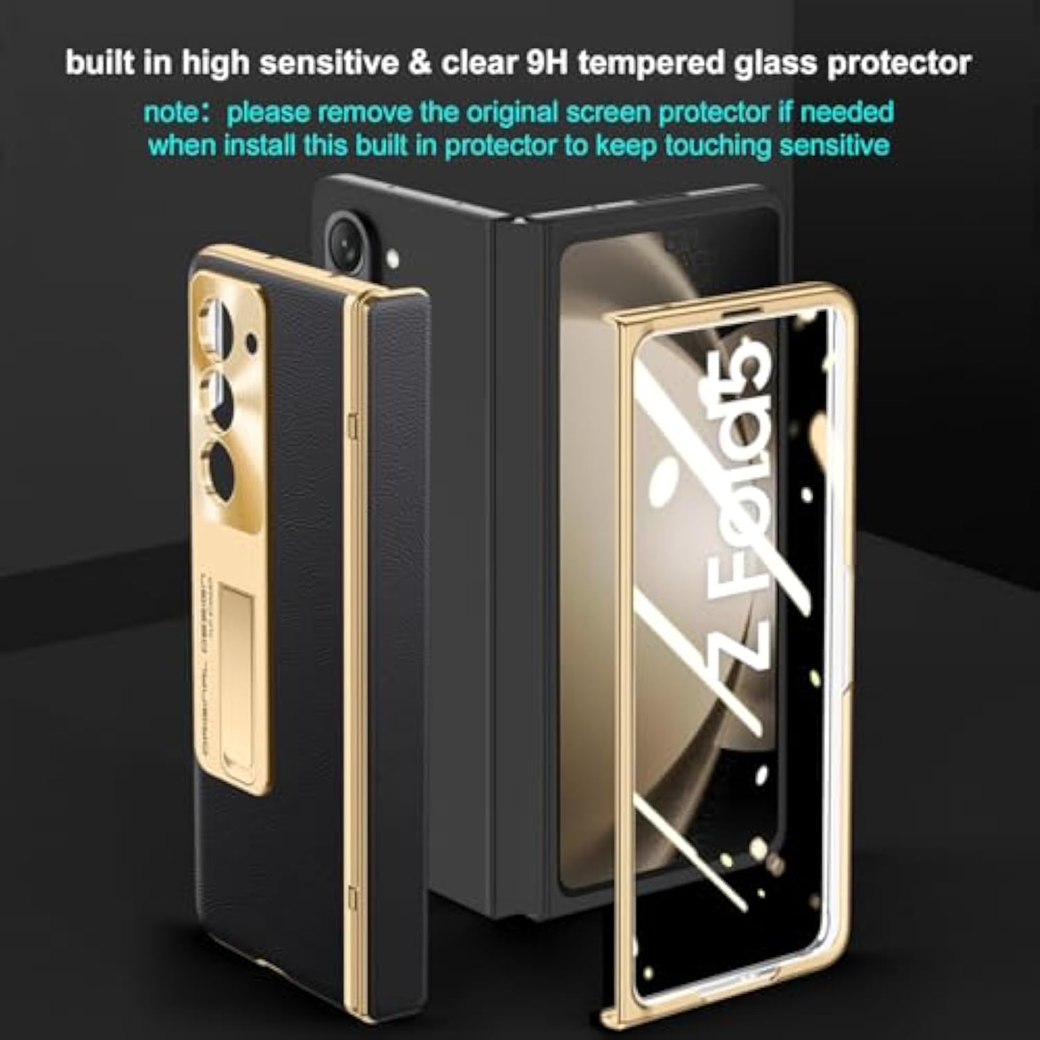 For Samsung Galaxy Z Fold 5 Case, Electroplated Frame, Leather On Back & Hinge Protection, Screen Protector, Metal Stand, Camera Protection, Thin & Slim Stand Cover 5G 2023, Black