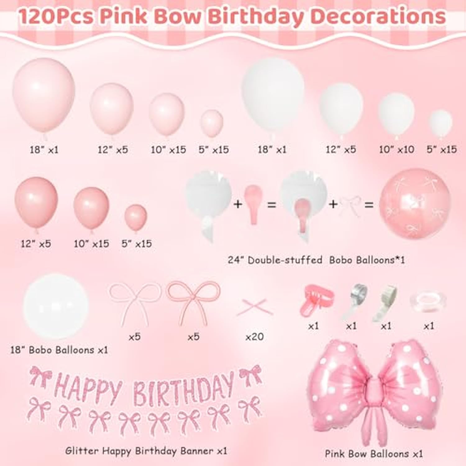 Pink Bow Balloon Arch Garland Kit Happy Birthday Banner, 24'' Double Stuffed Clear Balloon With Ribbon Bows Light Pink White Balloons For Women Girls Coquette Birthday Party Decorations