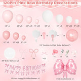 Pink Bow Balloon Arch Garland Kit Happy Birthday Banner, 24'' Double Stuffed Clear Balloon With Ribbon Bows Light Pink White Balloons For Women Girls Coquette Birthday Party Decorations