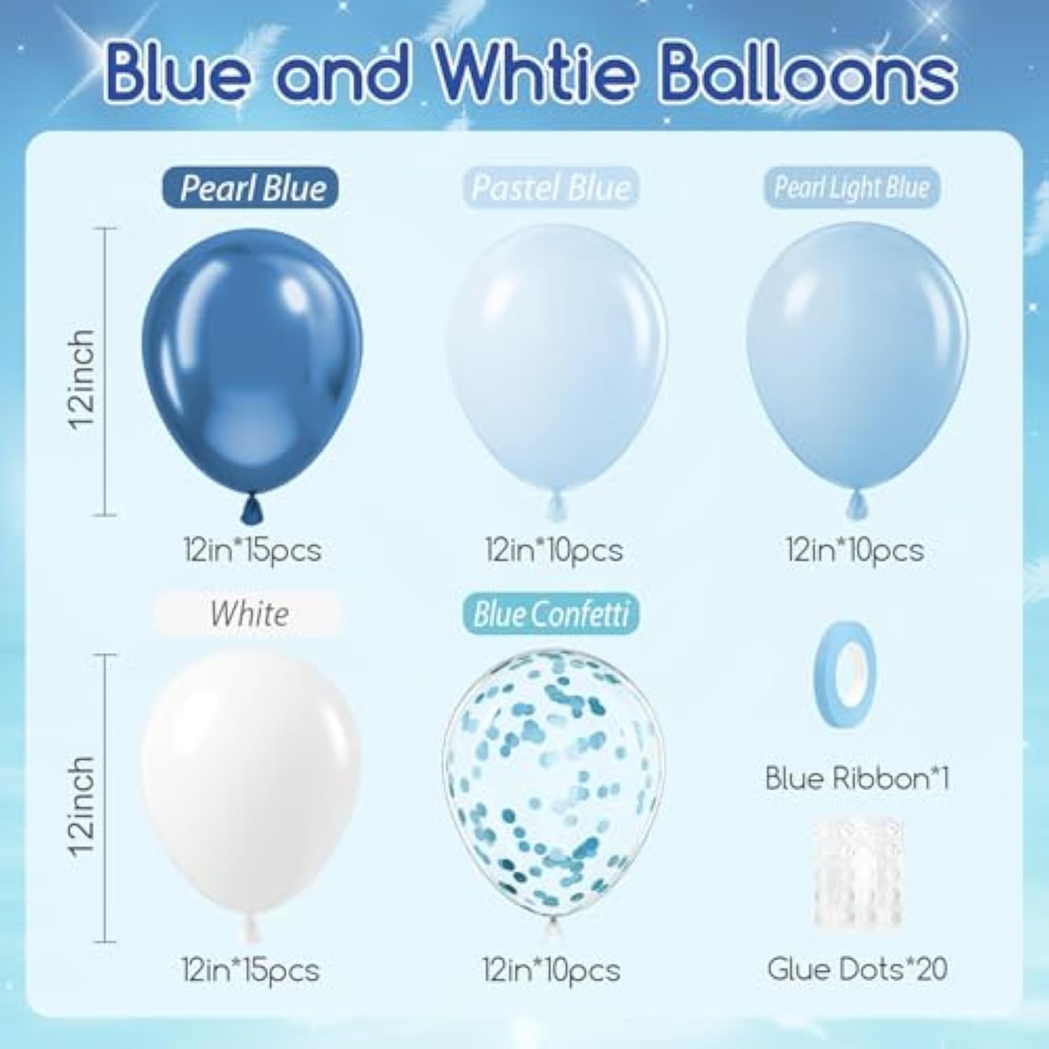 60Pcs Blue And White Balloons 12Inch With Pastel Pearl Light Blue Confetti White Balloons For Bridal Baby Shower Wedding Birthday Party Decorations