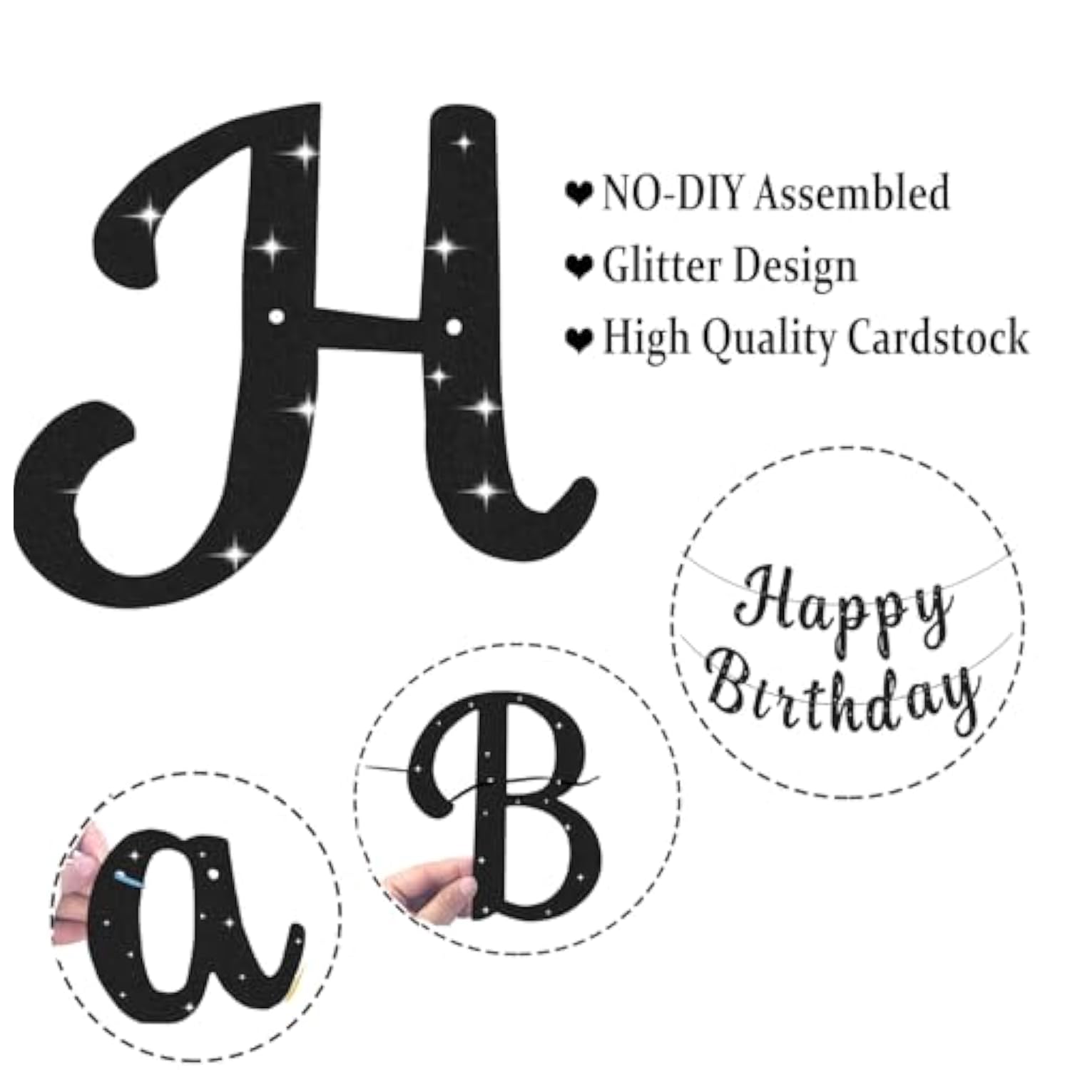 Black Glitter Happy Birthday Banner Signs Party Decorations for Women & Men