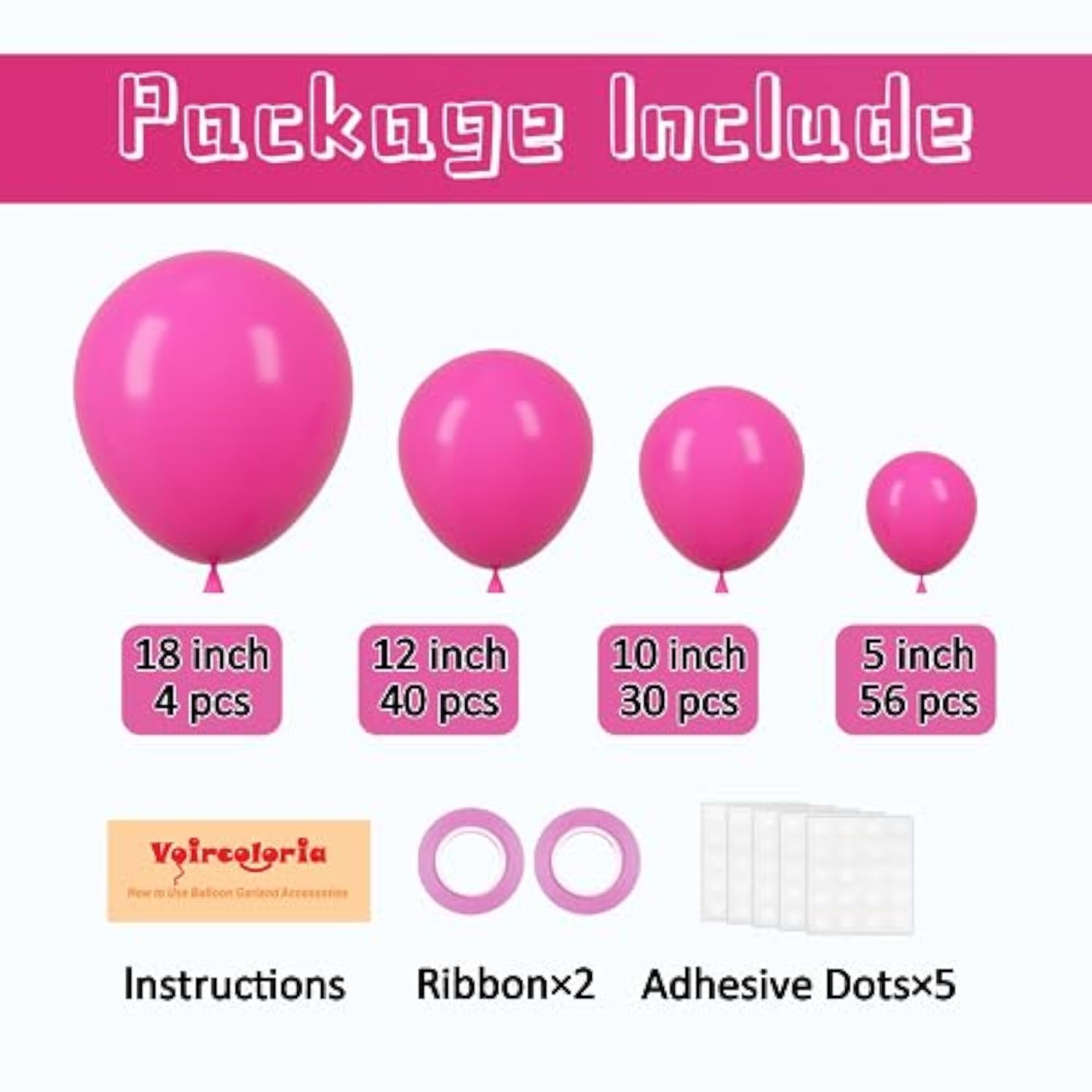 130Pcs Hot Pink Balloons Different Sizes 18" 12" 10" 5" Dark Pink Ball