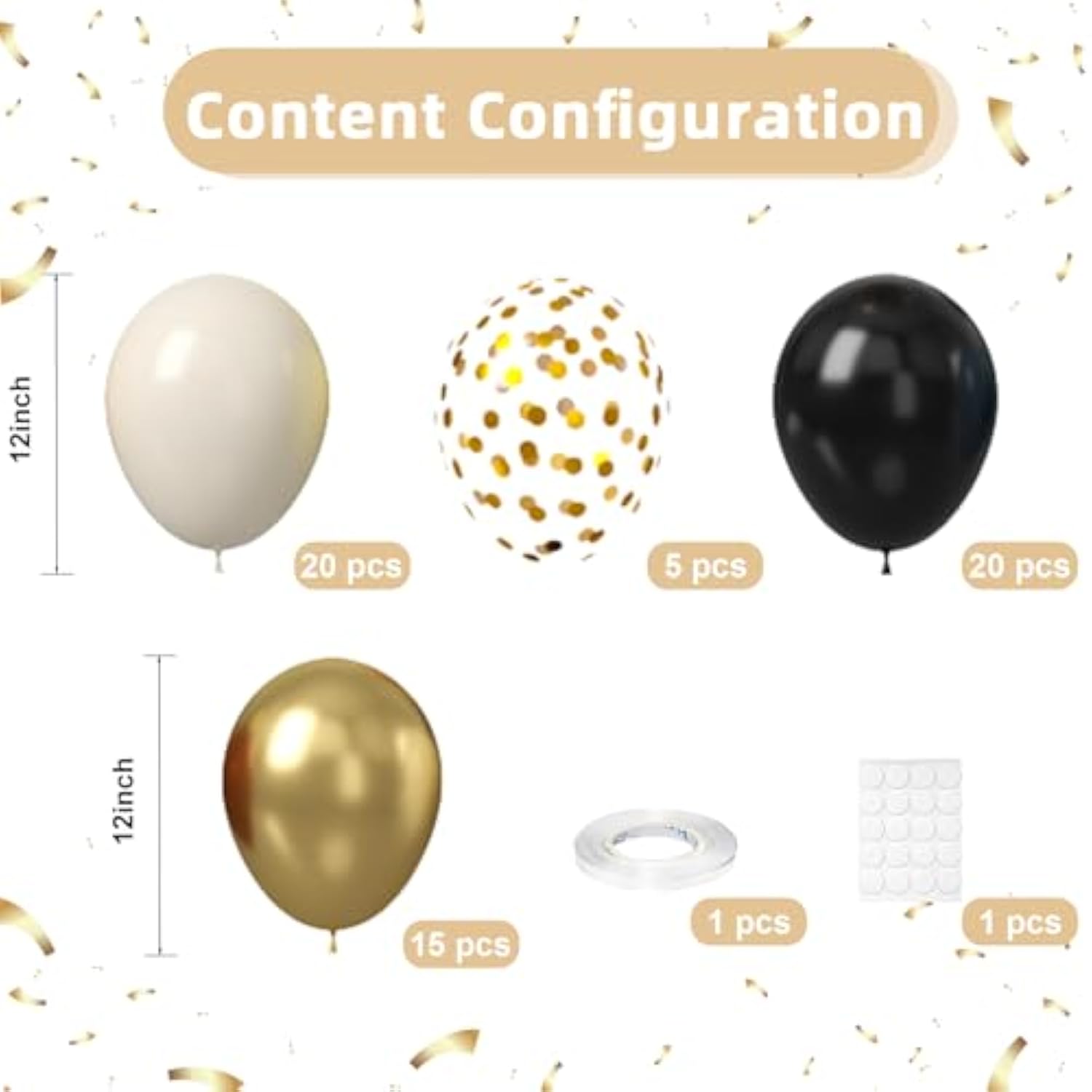 60-Pack 12-Inch Black, White, and Gold Balloons for Parties and Celebrations