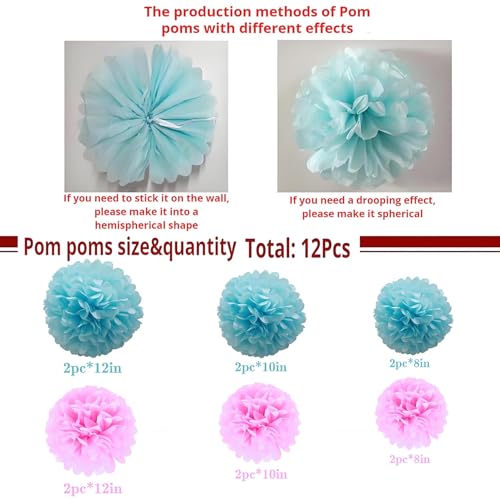 Pink and Blue Tissue Paper Pom Poms 12Pcs- Hanging Paper Flowers for Wedding Gender Reveal Birthday Graduations Christmas and Special Occasions(8 &10 & 12 inch)