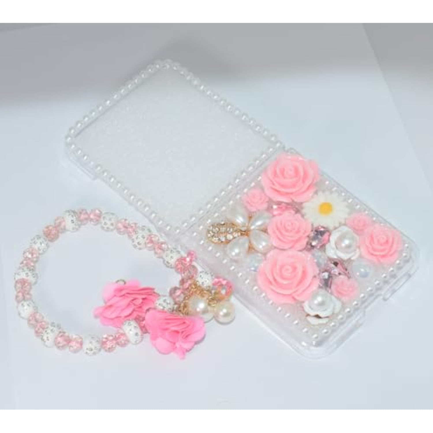 Luxury 3D Crystal Rhinestone Diamond Flowers Sparkle Stunning Stones Pearl Case for Motorola Razr 2026/2025/2024 5G, Cute and Stylish Phone Cover with Wrist Strap for Women and Girls