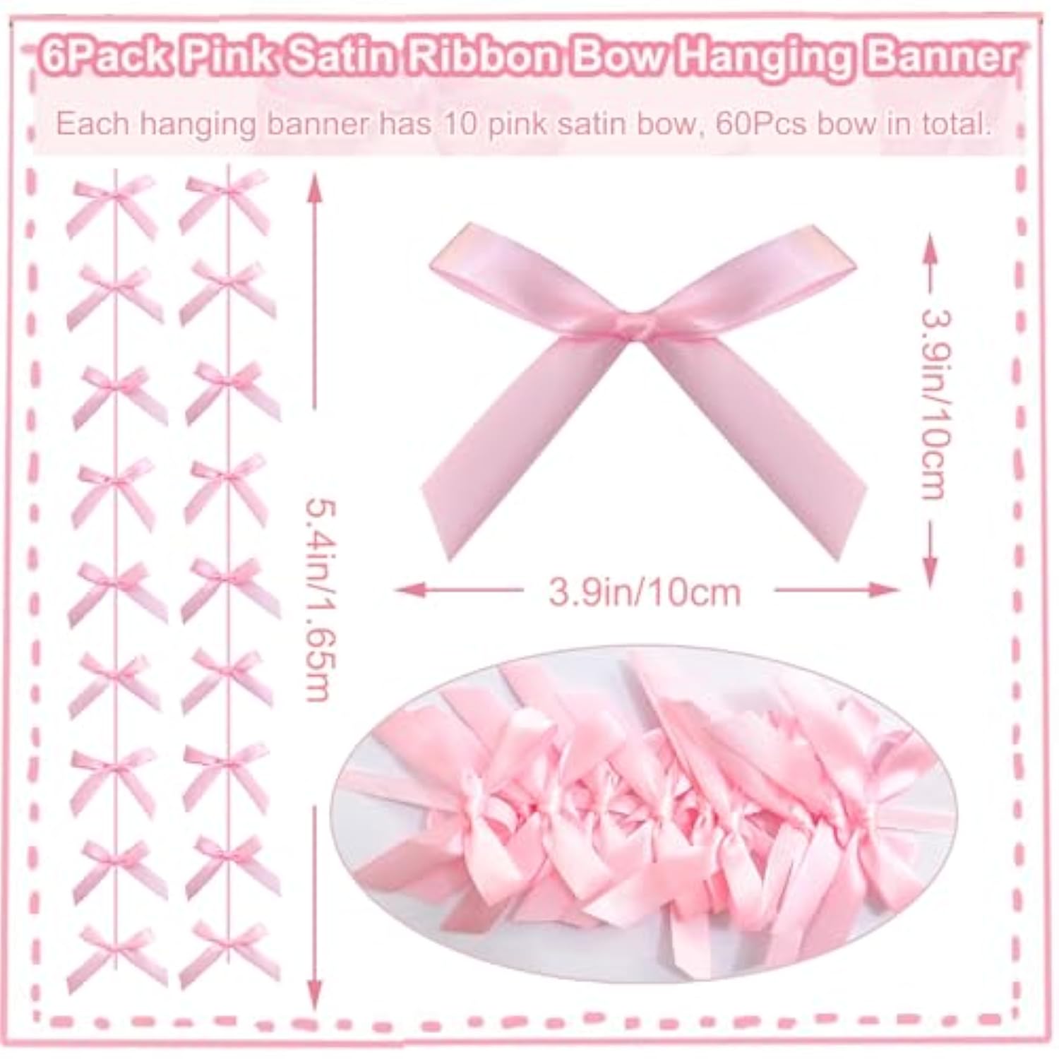 Pink Ribbon Bow Hanging Garland For Baby Shower Pink Bow Party Decorations Girls Bow Birthday Decoration Tying The Knot Bridal Shower Party Room Décor 6Pcs