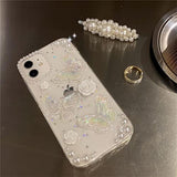 Compatible For Iphone 15 3D Butterfly Floral Clear With Design Aesthetic Women Teen Girls Glitter Pretty Crystal Sparkle Sparkly Cute Girly Phone Cases Protective Cover+Pearl Chain-Clear