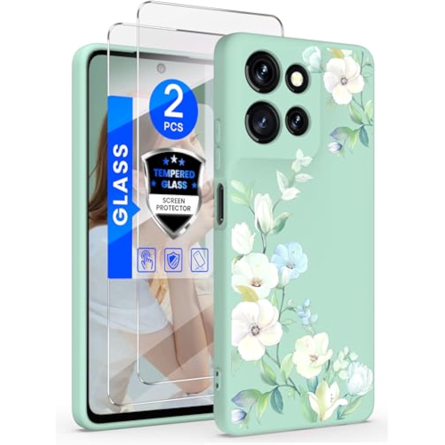 For Motorola Moto G 5G 2025 Case, Girls Women Florals Liquid Silicone Phone Case, Shockproof Anti-Scratch Soft Protection Case With 2X Screen Protectors For Moto G 5G 2025 (Hibiscus)