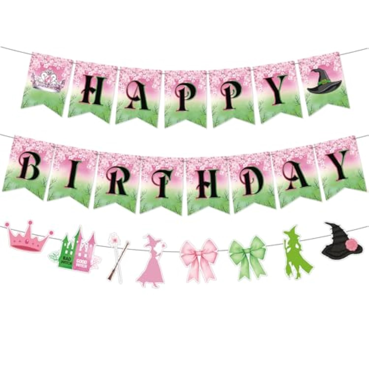 3Pcs Pre-Strung Wicked Happy Birthday Banner Pink And Green Paper Garland For Halloween Witch Theme Party Decorations
