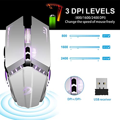 T12 Wireless Gaming Mouse Rechargeable, 2.4G Silent Optical Wireless Computer Mice with Changeable LED Light for Laptop PC, 7 Buttons, 3 Adjustable
