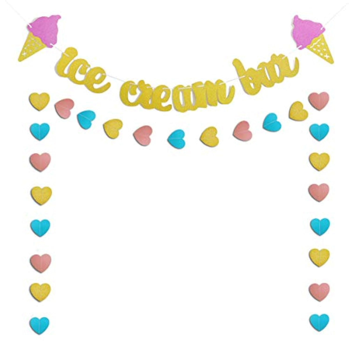 Gold Glittery Ice Cream Bar Sign Banner And Pink, Blue, Gold Heart Paper Garland For Birthday, Summer Theme Party, Baby Shower, Wedding Decorations - Cute Photo Prop
