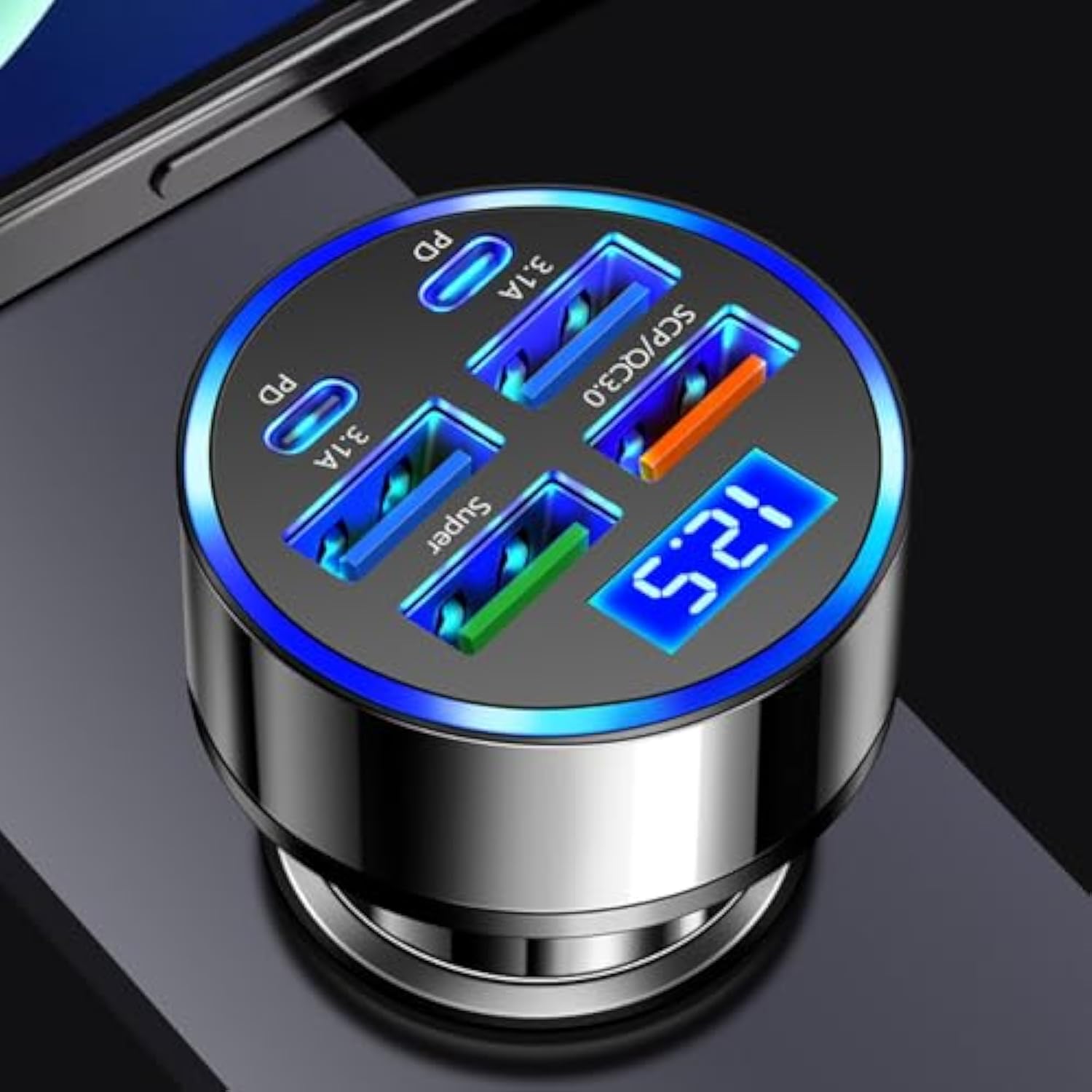 6-In-1 Multi-Port Car Charger With Voltage Detection, 2Pd+3Usb+Qc3.0 Fast Charge Cigarette Lighter Plug Adapter Compatible With Iphone,Android,Samsung,Ipad Pro And More