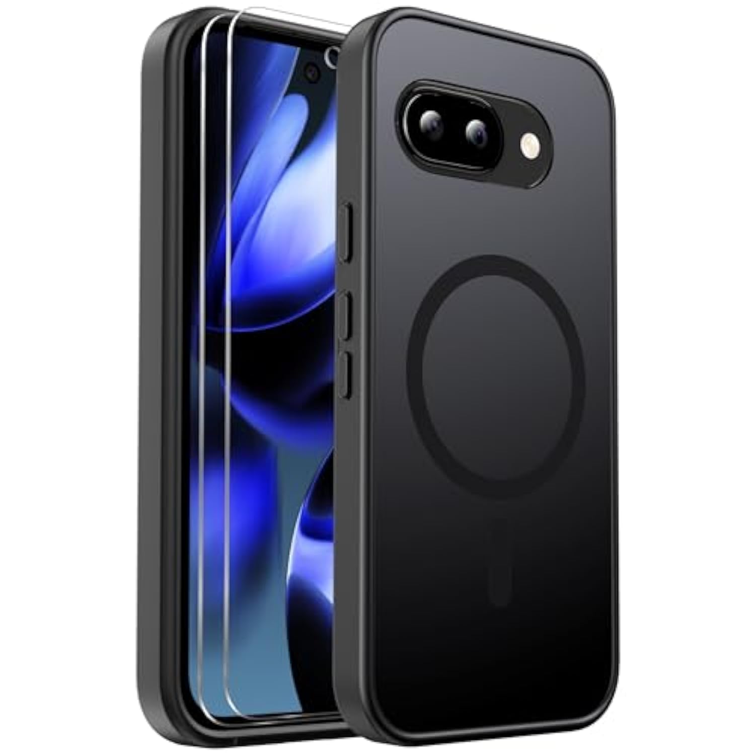 For Google Pixel 9A Case Magnetic Shockproof, [Fit For Magsafe] [Glass Screen Protector] Translucent Anti-Fingerprint Case For Google Pixel 9A (Black)