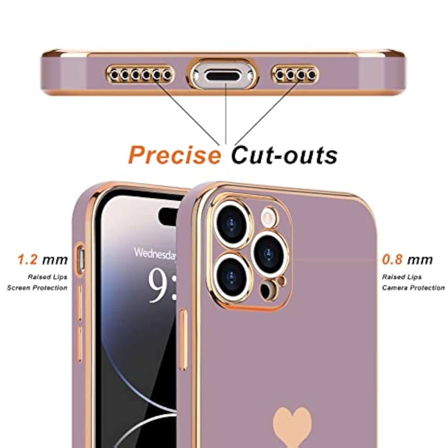 For Iphone 14 Pro Case For Women Girl Cute Love Heart Luxury Plating Soft Bling Back Cover Raised Full Camera Protection Bumper Silicone Shockproof Phone Case For Iphone 14 Pro, Lavender