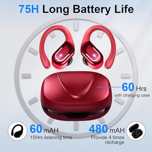 Wireless Earbud, 75Hrs Bluetooth 5.4 Headphones Ip7 Waterproof For Sport, Running Wireless Earphones With Enc Noise Canceling Mics, Deep Bass Over Ear Bud With Earhooks For Android, Ios, Workout, Gym