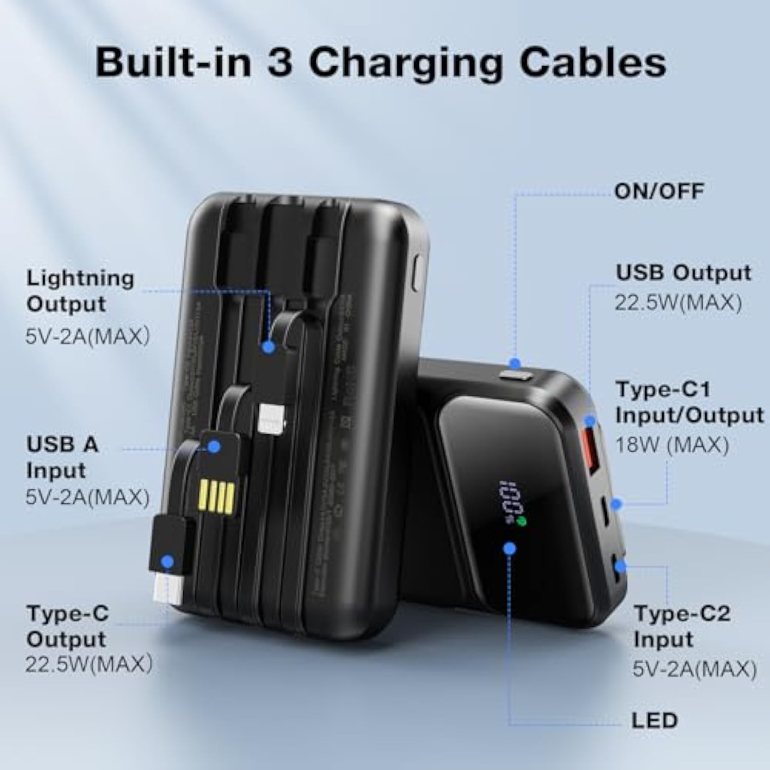 10000Mah Portable Charger With Built-In Cable, Pd 22.5W Fast Charging Usb C Battery Pack, Cell Phone Power Bank Lcd Display For Iphone 16/16 Pro/16 Plus/15/14/13/12/11/X, Samsung, Etc