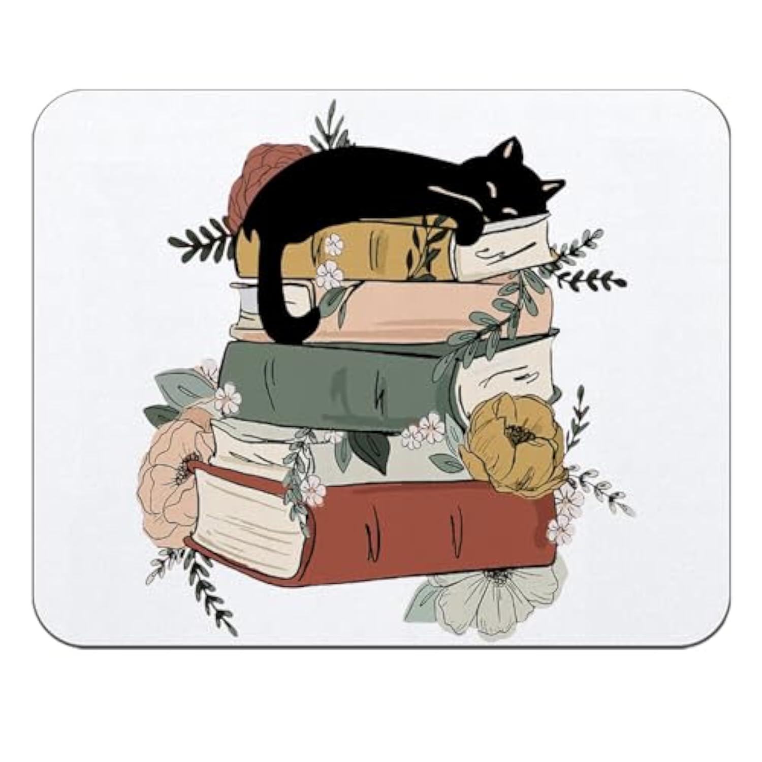 Black Cat Mouse Pad, Cat And Floral Book Square Mouse Pads For Desk, Gifts For Cat Lovers Book Lovers, Cat Desk Accessories, Cat Office Supplies, Cat Mom Gifts, Cat Lady Gifts, 9.5X7.9 Inch