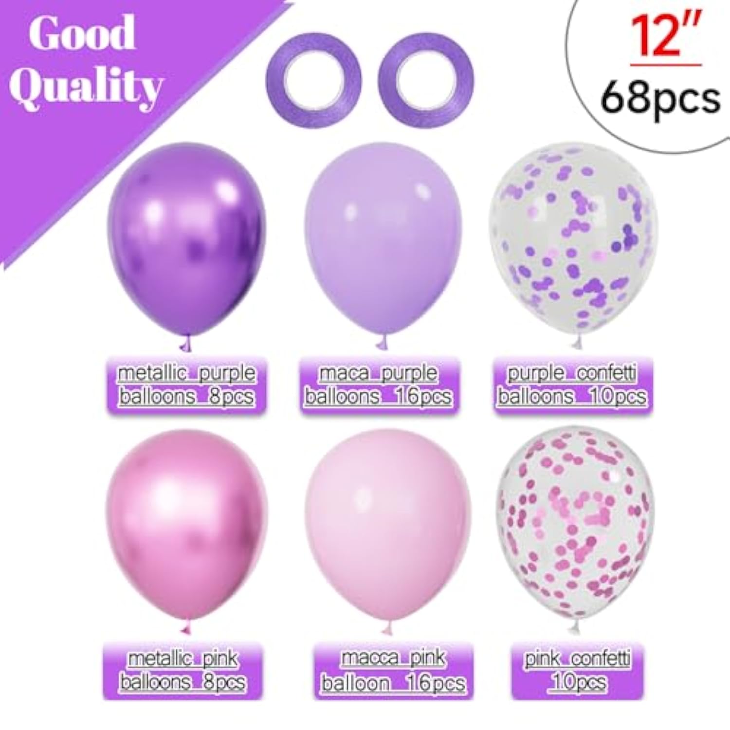 68Pcs Pink And Purple Balloons 12 Inch Metallic Purple Pink Latex Balloon Confetti Ballons With Ribbons Party Balloons For Wedding Girls Birthday Baby Shower Decorations.