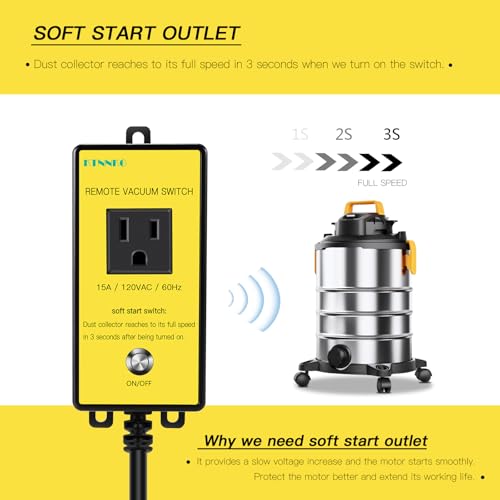 120V Soft Start Outlet Automatic Switch, Remote Switch For Vacuum And Table Saw With 2 Remote Control,15A 60Hz 1800W