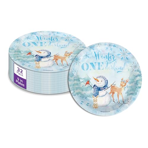 Snowman Winter Onederland First Birthday - 32 Piece Disposable Party Supplies - Decorations for Snowflake Boy's 1st Birthday Round Party Plates - Large 9" Paper Plates In Bulk