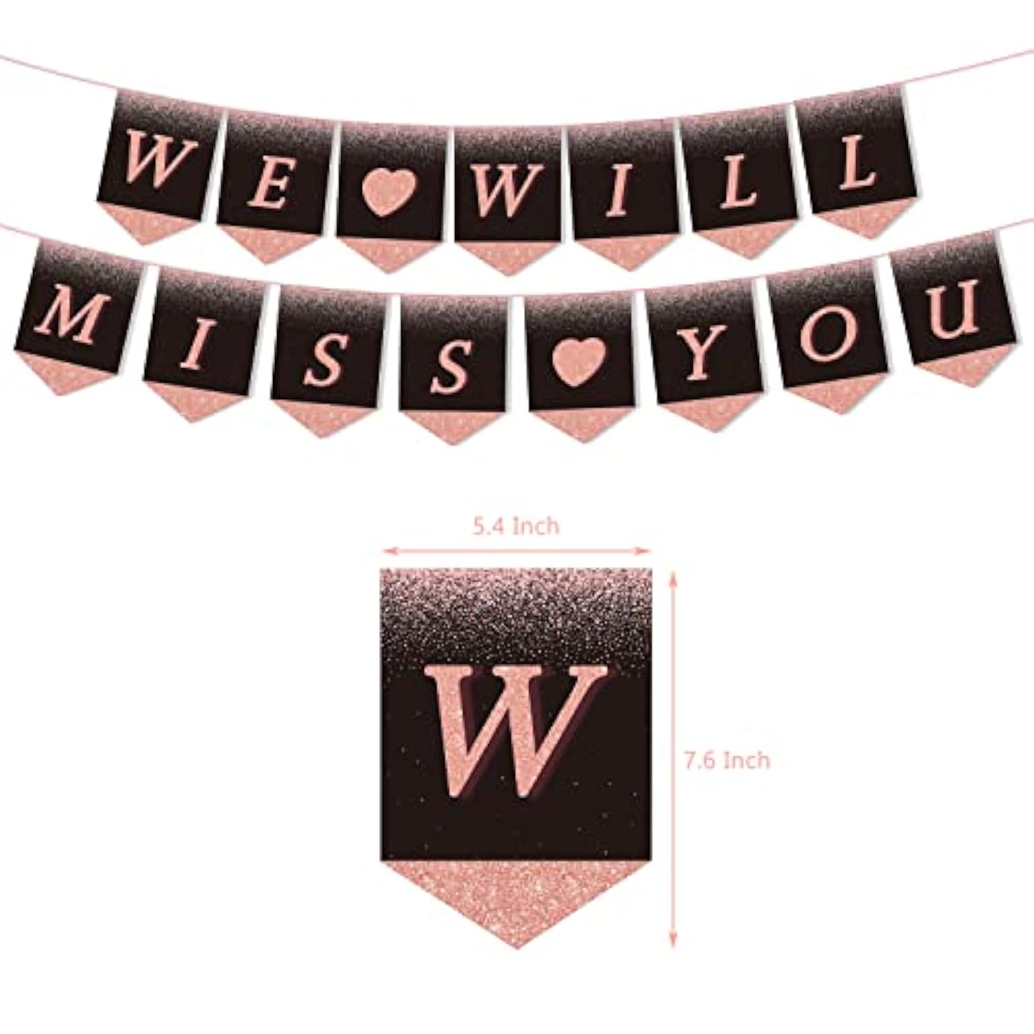 Rose Gold Farewell Party Decor "We Will Miss You" Banner, Swirls, Toppers & Balloons