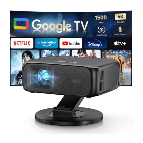 [1500Ansi/ Google Tv] Smart Projector With Wifi And Bluetooth, Portable Outdoor Projector 4K Support, Auto Focus & Keystone, Built-In Apps, Indoor Home Theater With 360° Rotatable Stand