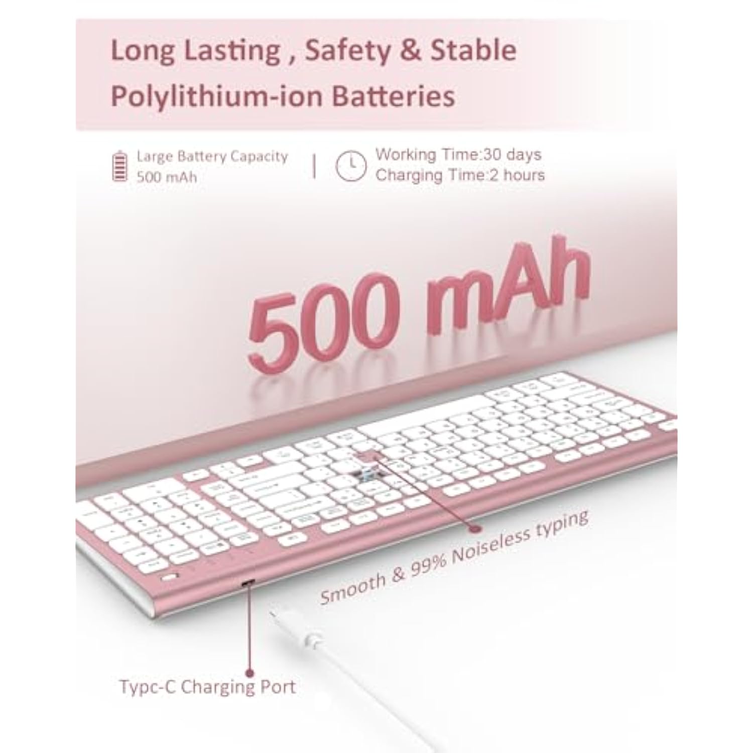Wireless Keyboard, Bluetooth + Usb Ergonomic Silent Quiet Rechargeable With Number Pad Cute Compact Full Size Multi Device Keyboards For Ipad Tablet Mac Computer Surface Pc Macbook Laptop Pink