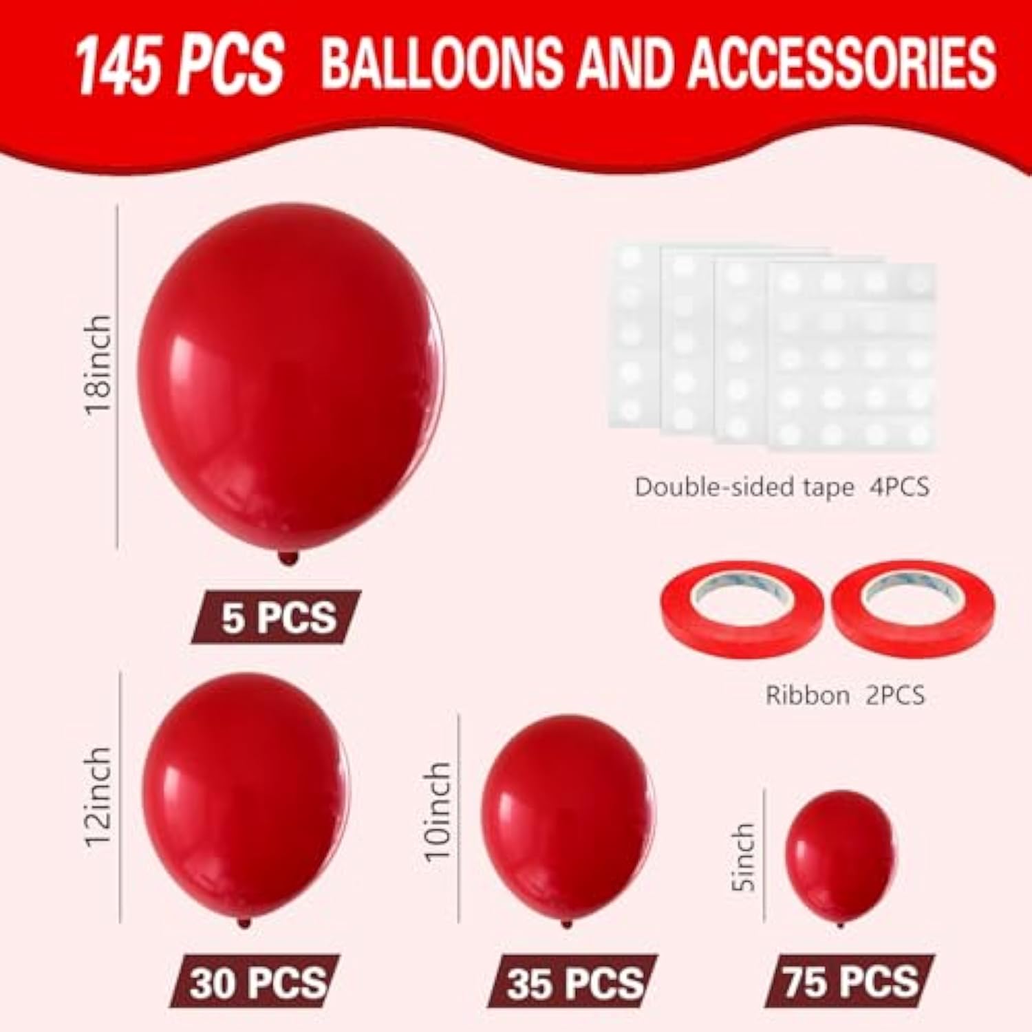 145 Pc Red Balloons (5", 10", 12", 18") Latex Arch Kit for Wedding/Party Decor