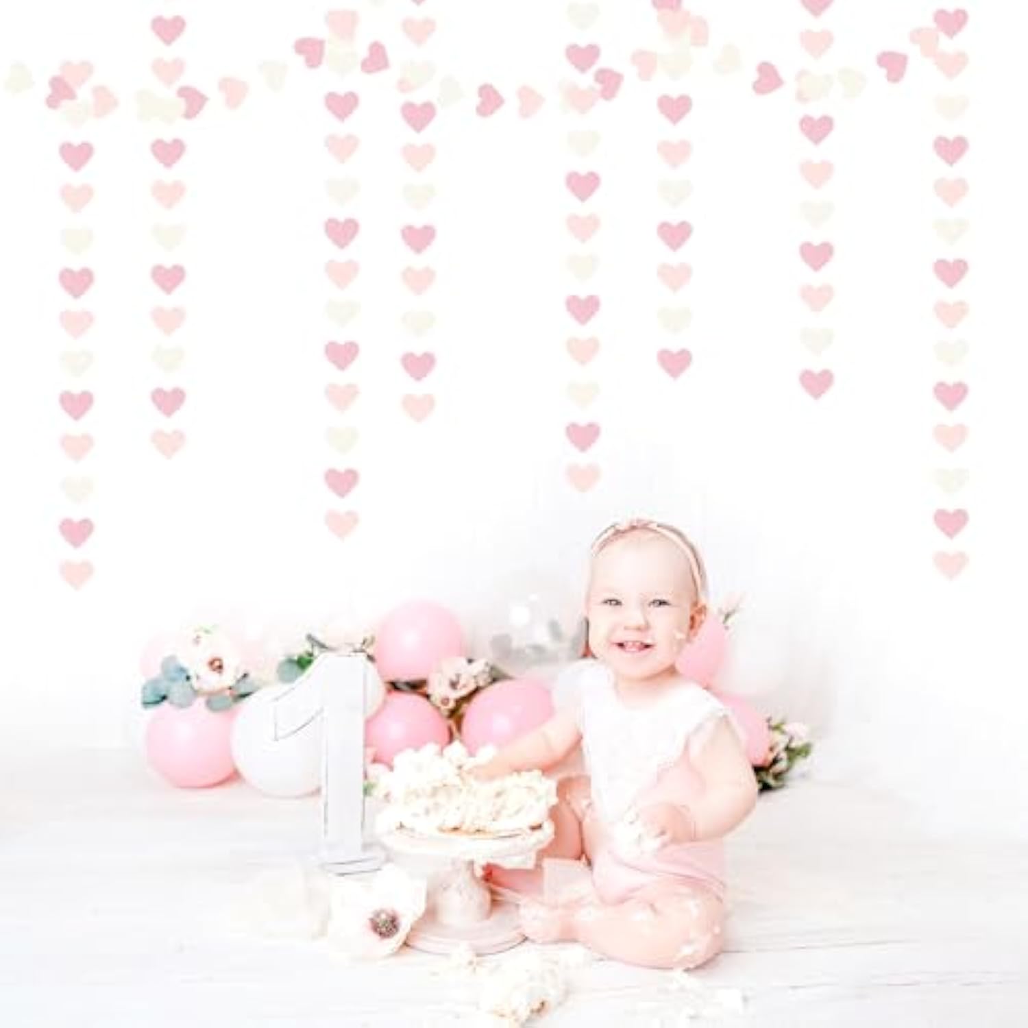 Pink-White Girls Birthday Party-Decorations Heart-Garland - 52Ft Valentines Day Proposal Galentines Wedding Paper Streamers Banner,Baby Bridal Shower Engagement Bachelorette Decor