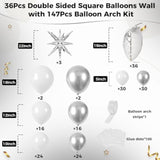 36Pcs White And Silver Square Foil Balloons Wall Backdrop With 147Pcs Balloon Garland Arch Kit, Double Sided Balloons For Bachelorette Wedding Birthday Engagement Anniversary Party Decorations