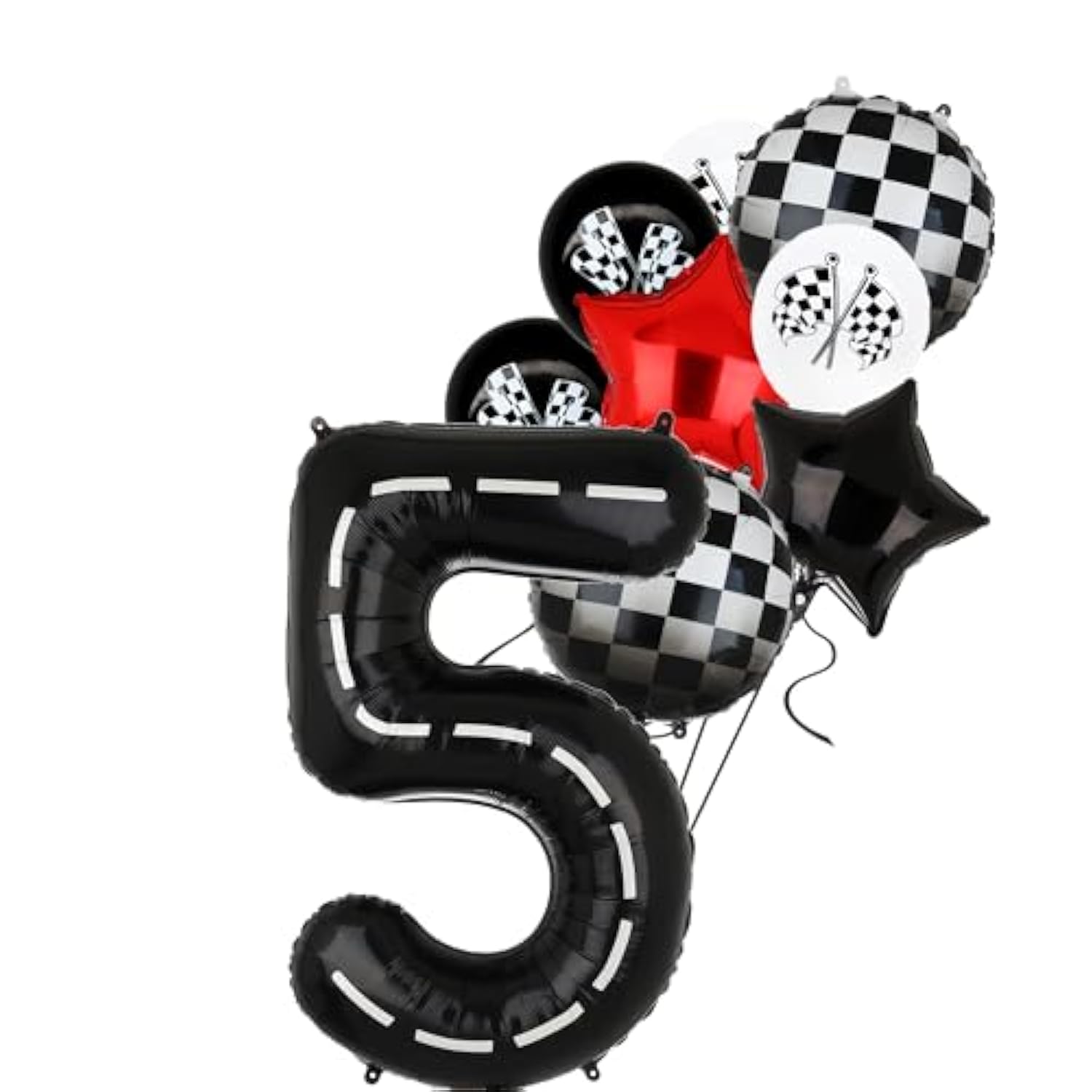 Race Car Birthday Balloon Set: Number 5, Checkered Flag, Black Mylar